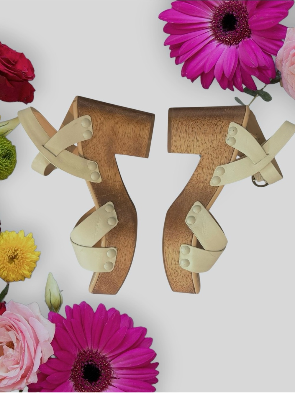 Sam Edelman Josefine Cream Leather Wooden Platform Mules